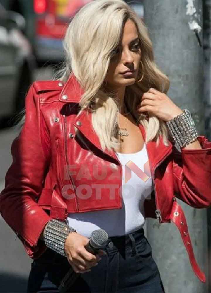 Bebe Rexha Red Biker Leather Jacket